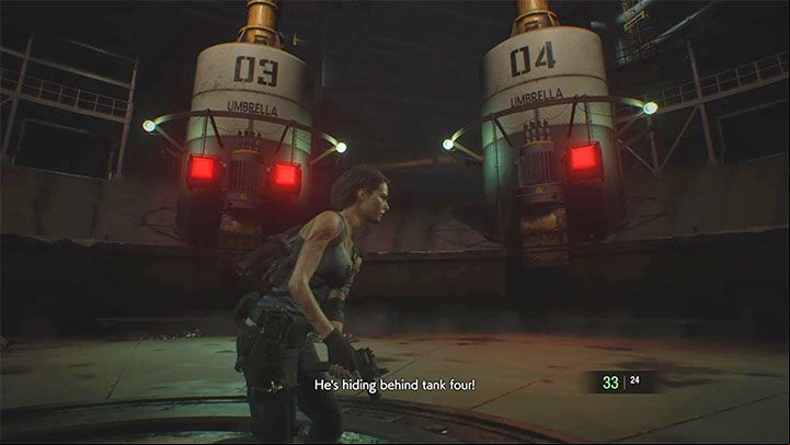 Nemesis will be hiding behind the tanks - listen to Carlos comments - Resident Evil 3: Nemesis - NEST 2 boss fight - Nemesis boss fights - Resident Evil 3 Guide
