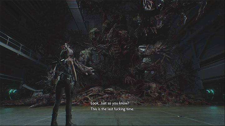 The final boss battle starts when you get close to the exit of the hall - Resident Evil 3: Nemesis - final boss fight - Nemesis boss fights - Resident Evil 3 Guide