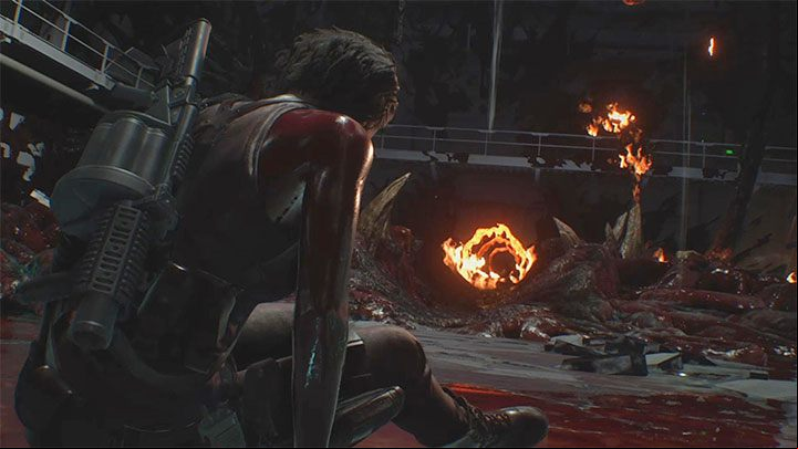 The third shot from railgun will kill Nemesis - this ends the final battle - Resident Evil 3: Nemesis - final boss fight - Nemesis boss fights - Resident Evil 3 Guide