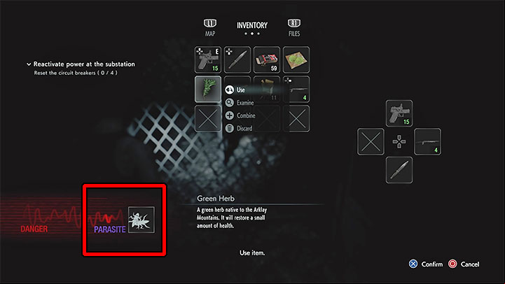 The problem of parasite infestation arises during the exploration of the substation, specifically as a result of Jill being infected by a spider - Resident Evil 3: Healing - Basics - Resident Evil 3 Guide