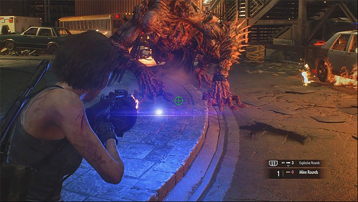 You can use all your weapons to attack Nemesis, but the grenade launcher and shotgun are the most effective - Resident Evil 3: Subway Tunnels and Clock Tower Plaza walkthrough - Story walkthrough - Resident Evil 3 Guide