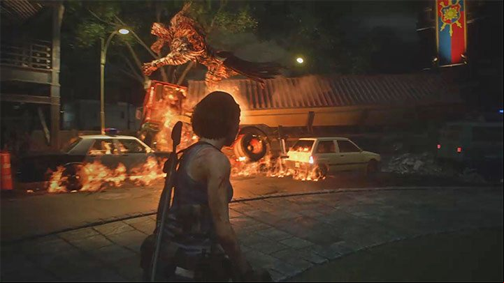 In the later phase of the fight, Nemesis will be running on the roofs of nearby buildings for some time - Resident Evil 3: Subway Tunnels and Clock Tower Plaza walkthrough - Story walkthrough - Resident Evil 3 Guide