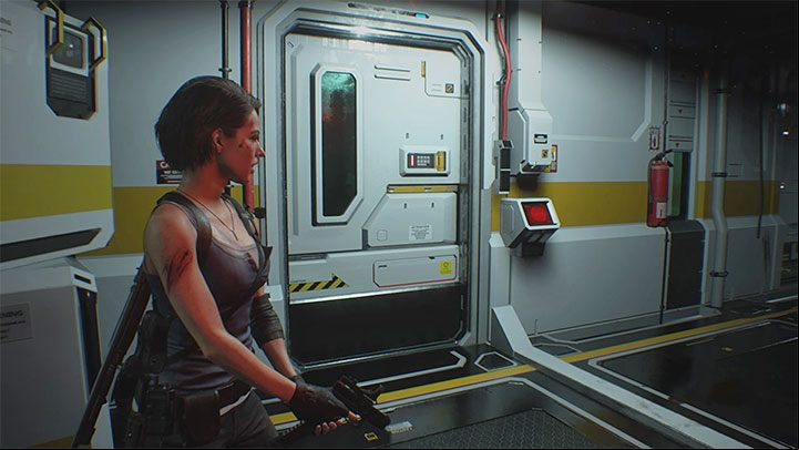 Return to level 1F with the Flash Drive and use it on the electronic lock of the closed door - Resident Evil 3: NEST 2 walkthrough - Story walkthrough - Resident Evil 3 Guide
