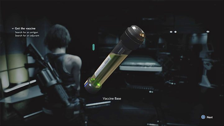 When you return to the laboratory with the vaccine production device, open the inventory and combine the two vials - you will get a new vial - Vaccine Base - Resident Evil 3: NEST 2 walkthrough - Story walkthrough - Resident Evil 3 Guide