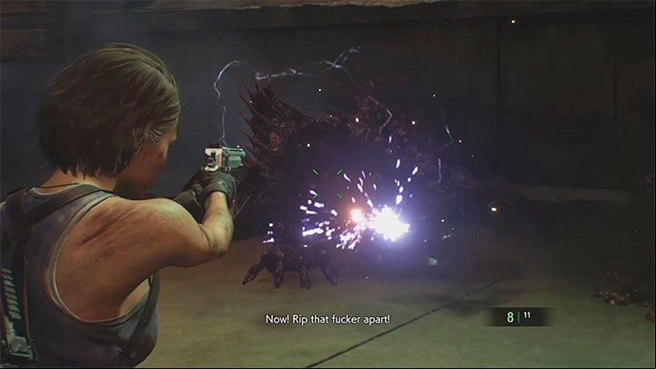 If you manage to electrocute the boss, Nemesis will fall to the ground and be vulnerable for some time - Resident Evil 3: Final duel with Nemesis walkthrough - Story walkthrough - Resident Evil 3 Guide