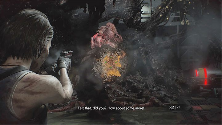 Your job is to shoot at the cysts that appear on the bosss body - Resident Evil 3: Final duel with Nemesis walkthrough - Story walkthrough - Resident Evil 3 Guide