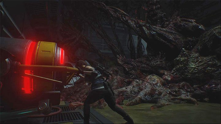 Go to the red energy sources after all the cysts have been destroyed - Nemesis wont attack for a brief moment - Resident Evil 3: Final duel with Nemesis walkthrough - Story walkthrough - Resident Evil 3 Guide