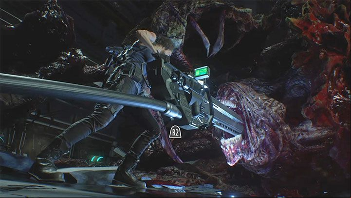 There is a very simple QTE - first tilt the analog stick up to place the railgun in Nemesis mouth and then press the R2/right trigger to fire the final third shot - Resident Evil 3: Final duel with Nemesis walkthrough - Story walkthrough - Resident Evil 3 Guide