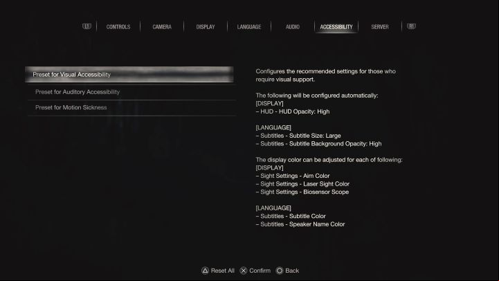 RE4 Remake offers 3 types of accessibility settings and they are in the Accessibility menu - Resident Evil 4 Remake: Accessibility features - Appendix - Resident Evil 4 Remake Guide