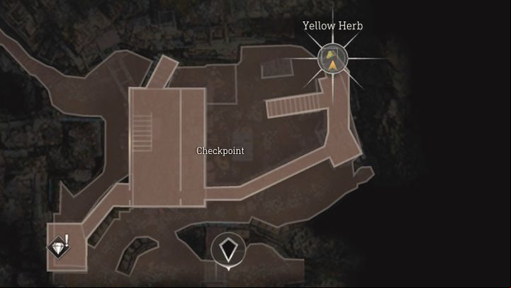 Yellow Herb is in the Checkpoint location, which the heroes must through in chapter 6 (after the battle with Luis) - Resident Evil 4 Remake: Yellow Herb map - Village - Secrets - Resident Evil 4 Remake Guide