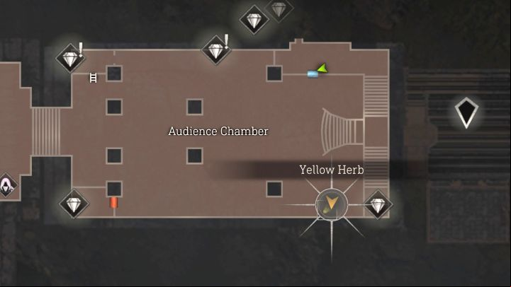 Yellow Herb #1 is hidden in a cabinet in the southeast corner of the Audience Chamber (a large room in the western part of the Castle) - Resident Evil 4 Remake: Yellow Herb map - Castle - Secrets - Resident Evil 4 Remake Guide
