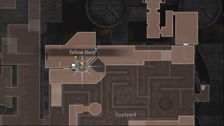 Yellow Herb #2 is in a room in the northern part of the Courtyard (upper level) where you find a typewriter - Resident Evil 4 Remake: Yellow Herb map - Castle - Secrets - Resident Evil 4 Remake Guide