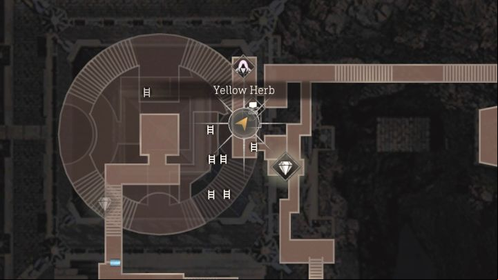 This one is next to a typewriter and a merchant on the top of Clock Tower which is visited along the way to kidnapped Ashley and Salazar boss battle (Chapter 12) - Resident Evil 4 Remake: Yellow Herb map - Castle - Secrets - Resident Evil 4 Remake Guide
