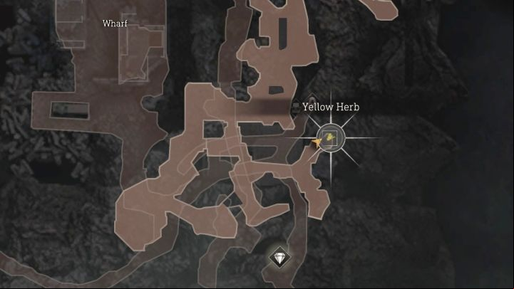 Yellow Herb #1 is in one of the caves on the upper level of Wharf (the location visited in the initial part of Chapter 13) - Resident Evil 4 Remake: Yellow Herb map - Island - Secrets - Resident Evil 4 Remake Guide