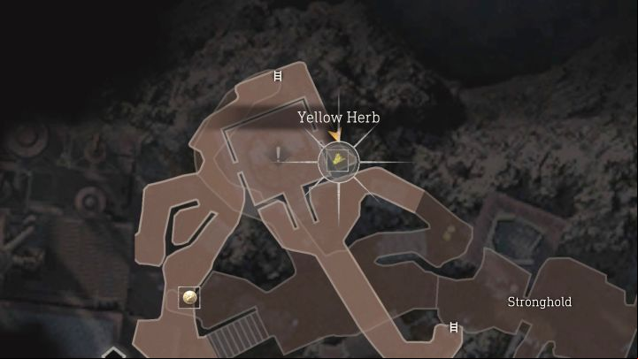 This Herb is found in the Stronghold area of Chapter 14, next to an anti-aircraft cannon that has to be destroyed in order to continue with the story - Resident Evil 4 Remake: Yellow Herb map - Island - Secrets - Resident Evil 4 Remake Guide