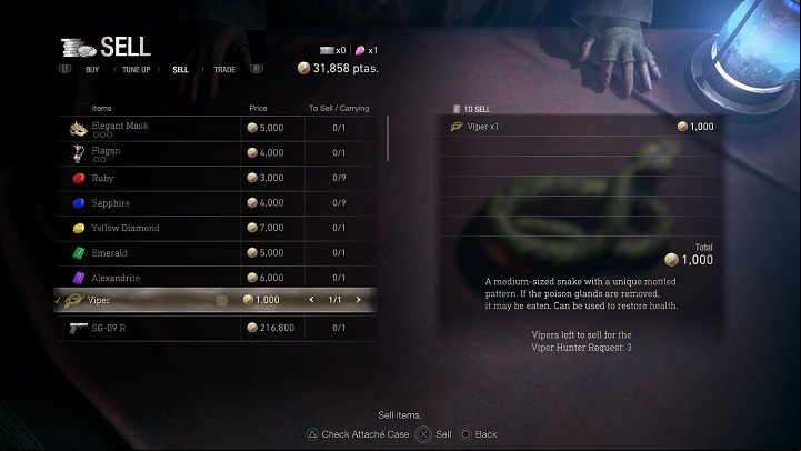 Once you have all three vipers, go to the nearest Merchant and sell them to him - Resident Evil 4 Remake: Viper Hunter - Requests - Resident Evil 4 Remake Guide