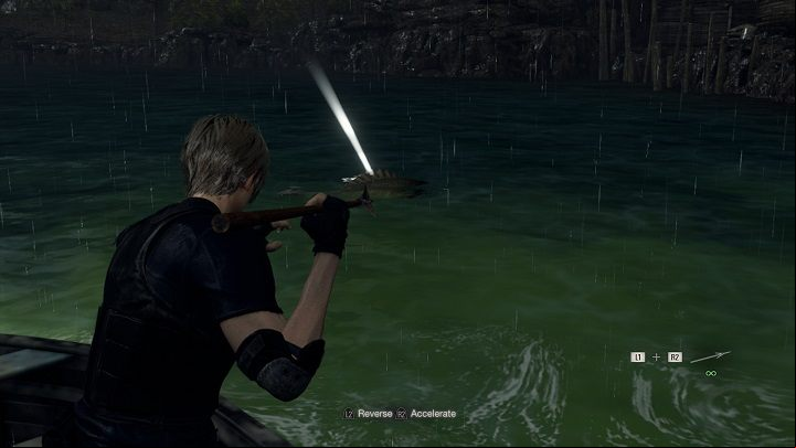 Then look around for a huge fish swimming in the area - Resident Evil 4 Remake: Catch Me a Big Fish - Requests - Resident Evil 4 Remake Guide