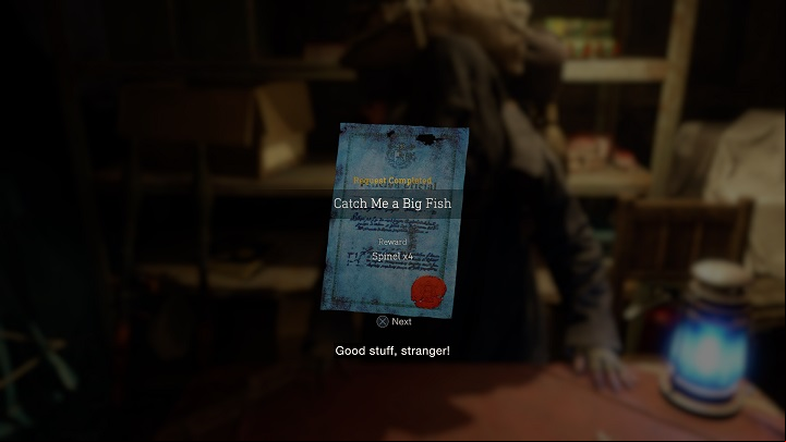 After completing request #7 called Catch Me a Big Fish, you will receive four spinels as a reward - Resident Evil 4 Remake: Catch Me a Big Fish - Requests - Resident Evil 4 Remake Guide