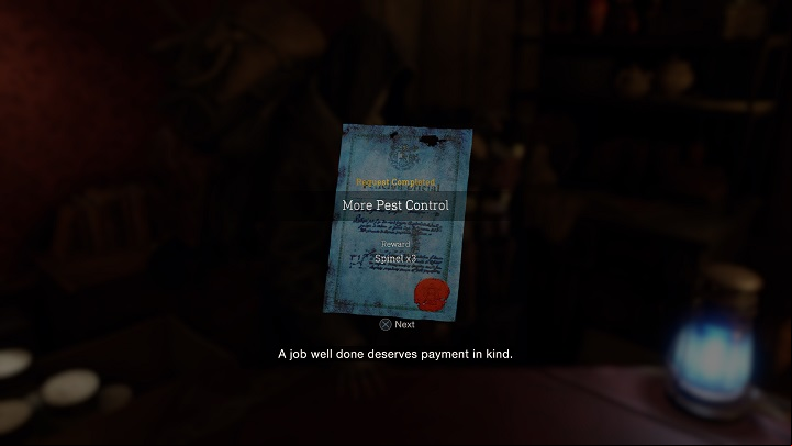 You will receive 3 Spinels for eliminating pests in the More Pest Control Request - Resident Evil 4 Remake: More Pest Control - Requests - Resident Evil 4 Remake Guide