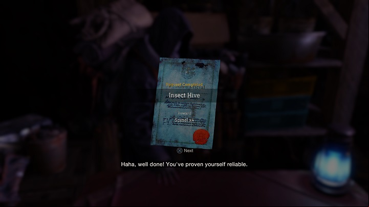 You will receive 4 Spinels for completing the Insect Hive Request - Resident Evil 4 Remake: Insect Hive - Requests - Resident Evil 4 Remake Guide