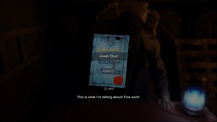 For completing the Jewel Thief Request, you will receive 3 Spinels - Resident Evil 4 Remake: Jewel Thief - Requests - Resident Evil 4 Remake Guide
