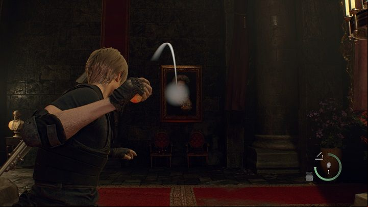 After picking up an egg, Equip it from the inventory and then throw it at the painting (same as you would throw a grenade) - Resident Evil 4 Remake: The Disgrace of the Salazar Family - Requests - Resident Evil 4 Remake Guide