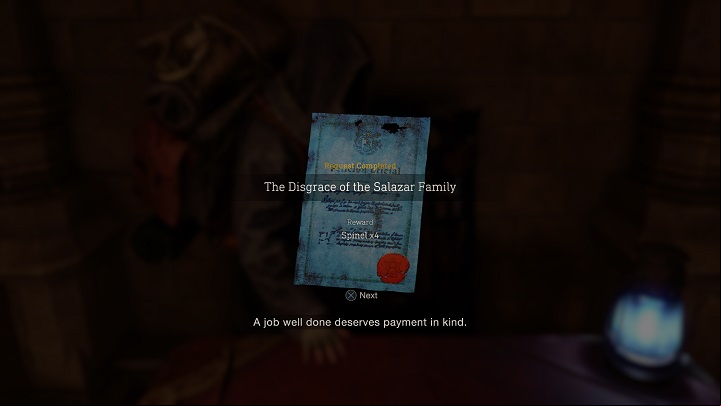Completing The Disgrace of the Salazar Family Request is rewarded with x4 Spinel - Resident Evil 4 Remake: The Disgrace of the Salazar Family - Requests - Resident Evil 4 Remake Guide