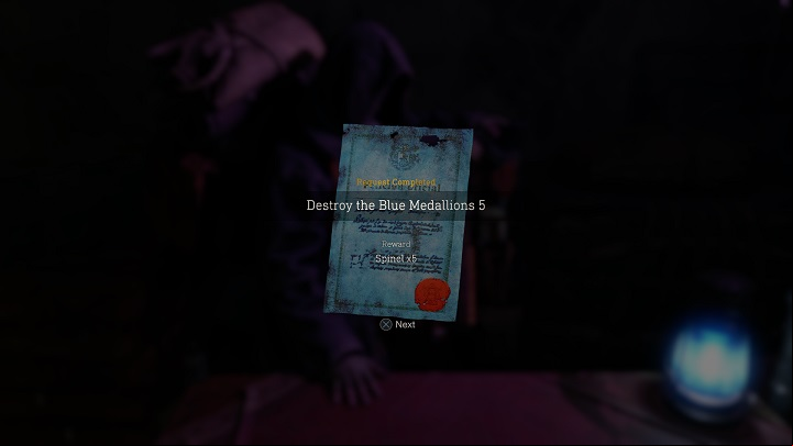 Completing Destroy the Blue Medallion 5 is rewarded with x5 Spinel - Resident Evil 4 Remake: Destroy the Blue Medallions 5 - Blue Medallions - Resident Evil 4 Remake Guide