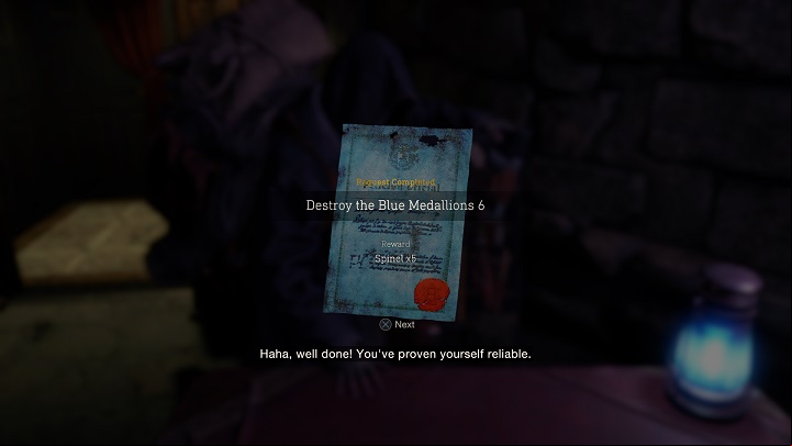 Destroy the Blue Medallions 6 is rewarded with x5 Spinels - Resident Evil 4 Remake: Destroy the Blue Medallions 6 - Blue Medallions - Resident Evil 4 Remake Guide