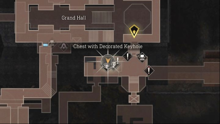 The second chest is in a room next to the Grand Hall (the location of the Grandfather Clock puzzle) - Resident Evil 4 Remake: Chest with Decorated Keyhole map - Secrets - Resident Evil 4 Remake Guide