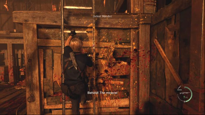 It is best to use one of the ladders and reach the upper level as soon as the battle begins - Resident Evil 4 Remake: How to defeat boss Mendez? - Bosses - Resident Evil 4 Remake Guide