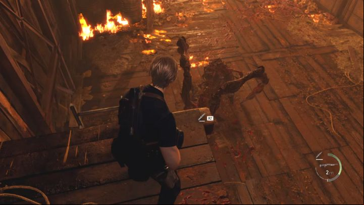 Weakening Mendez's eye will make the boss fall to the ground, and you don't have to come down from the top - Resident Evil 4 Remake: How to defeat boss Mendez? - Bosses - Resident Evil 4 Remake Guide