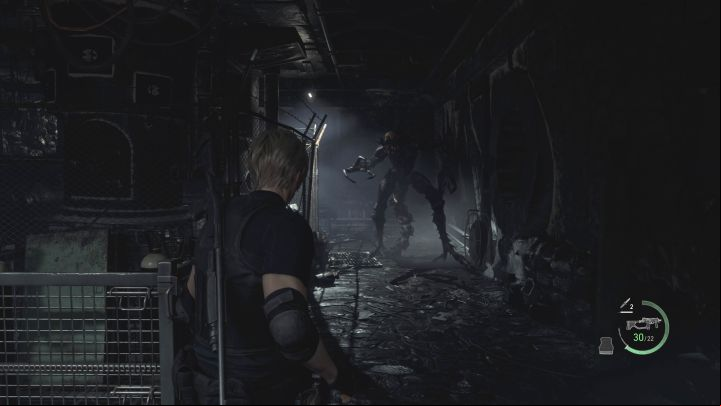 The boss will appear suddenly on your way to the elevator, and from that moment he will start hunting Leon - Resident Evil 4 Remake: How to defeat or avoid boss Verdugo? - Bosses - Resident Evil 4 Remake Guide