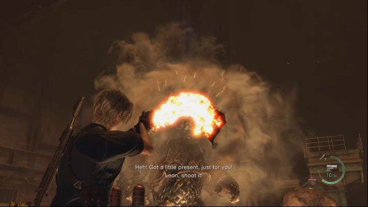 The companion will throw dynamite, which will stick to El Gigante's armor - Resident Evil 4 Remake: How to defeat the Dos Gigantes bosses? - Bosses - Resident Evil 4 Remake Guide