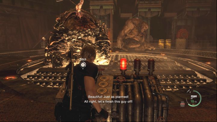 Quickly reach the lever and hold down the interaction button - Resident Evil 4 Remake: How to defeat the Dos Gigantes bosses? - Bosses - Resident Evil 4 Remake Guide