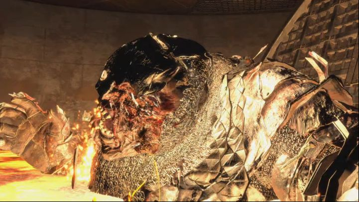 If the second El Gigante fell in the right spot, he will fall into the lava and die - Resident Evil 4 Remake: How to defeat the Dos Gigantes bosses? - Bosses - Resident Evil 4 Remake Guide
