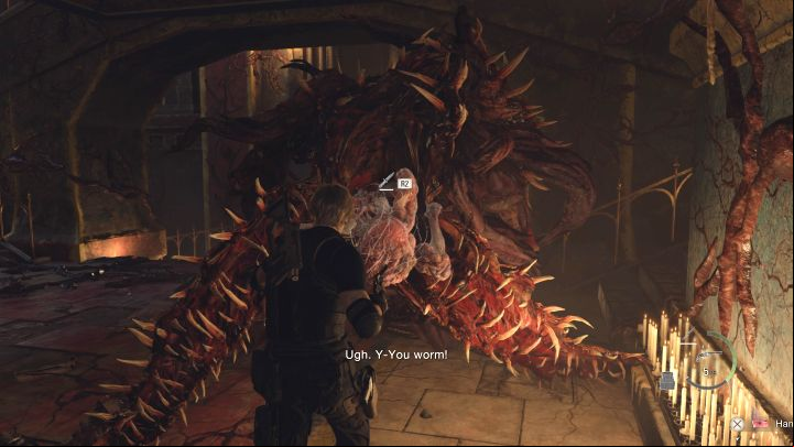 Inflict enough damage to the boss to stun Salazar - you can run to him and attack the large eye with a knife - Resident Evil 4 Remake: How to defeat boss Ramon Salazar? - Bosses - Resident Evil 4 Remake Guide