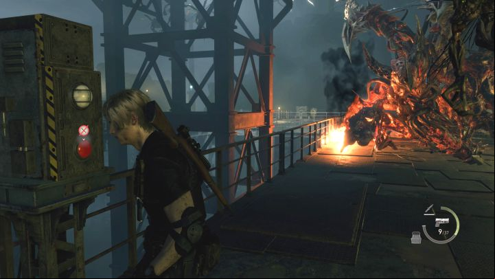 During the battle, you can run all over the Loading Docks location - Resident Evil 4 Remake: How to defeat the final boss? - Bosses - Resident Evil 4 Remake Guide