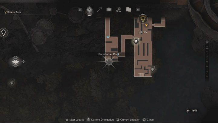 We've pictured the location of the first Clock above - you must run through the Library (use lamps to stun the encountered armors) and leave through the western entrance - Resident Evil 4 Remake: Grandfather Clocks puzzle (Ashley) - Puzzle solutions - Resident Evil 4 Remake Guide