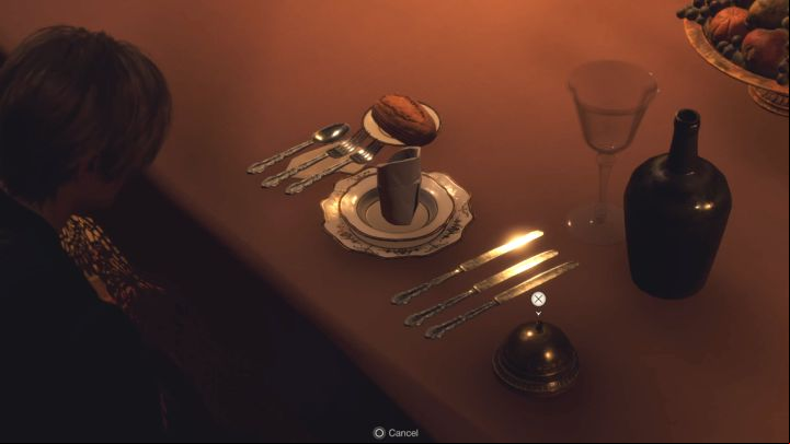 Use the bell - Ashley will do the same - Resident Evil 4 Remake: Dining Hall chairs puzzle (Chapter 9) - Puzzle solutions - Resident Evil 4 Remake Guide