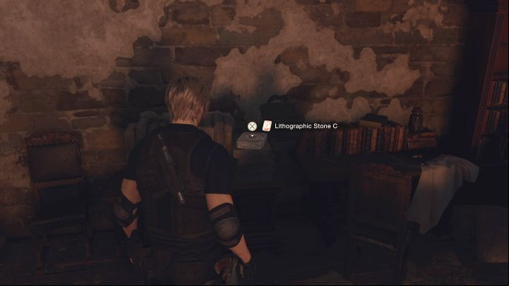 You need four Lithographic Stones to solve the puzzle, three of them you must find in the room - Resident Evil 4 Remake: The Bindery Lithographic Stones puzzle (Chapter 8) - Puzzle solutions - Resident Evil 4 Remake Guide