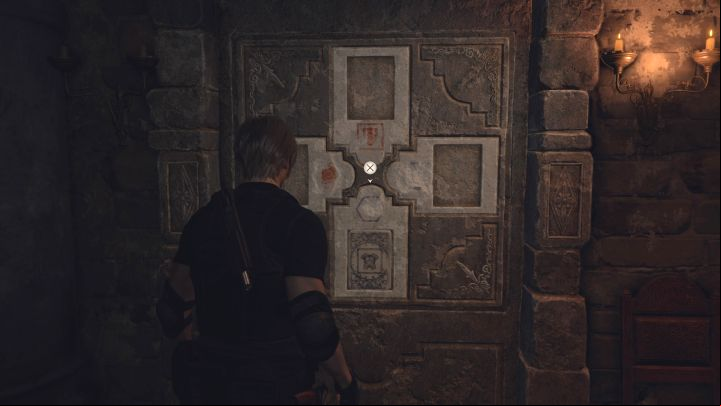 With all the stones in hand head to the blocked northern exit - the Wall with Four Slots - Resident Evil 4 Remake: The Bindery Lithographic Stones puzzle (Chapter 8) - Puzzle solutions - Resident Evil 4 Remake Guide