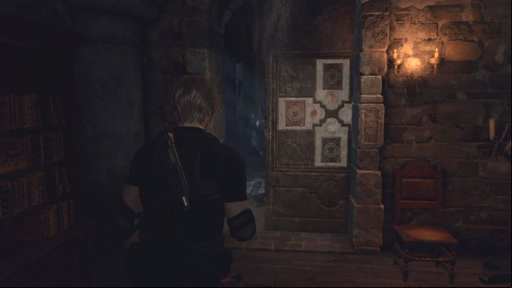 Solving the puzzle moves the wall aside, unlocking the corridor leading north - Resident Evil 4 Remake: The Bindery Lithographic Stones puzzle (Chapter 8) - Puzzle solutions - Resident Evil 4 Remake Guide