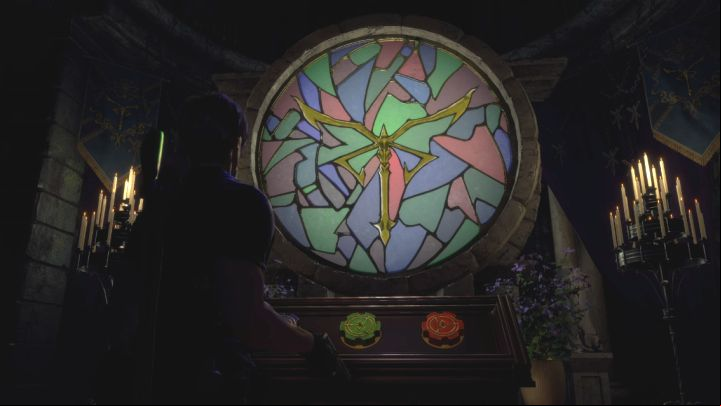 Set up the blue and red elements in a similar way - Resident Evil 4 Remake: Dials and stained glass church puzzle - Puzzle solutions - Resident Evil 4 Remake Guide