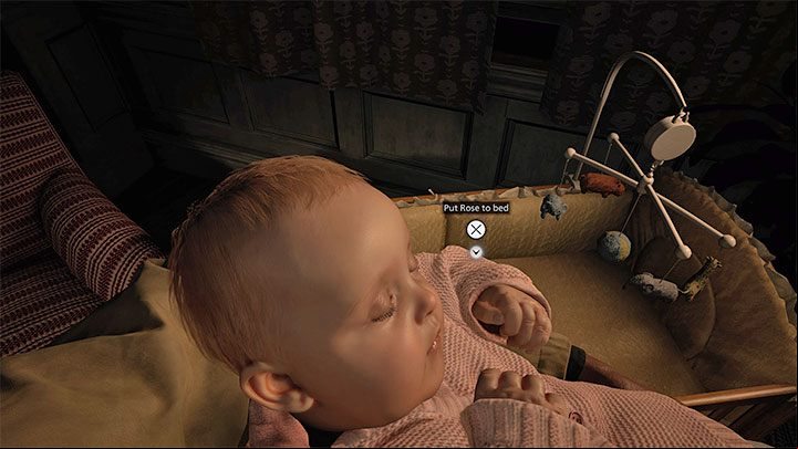 Upstairs, you can focus on getting Rose to her crib and putting her to sleep, or taking an extra look around the neighborhood - Resident Evil Village: Prologue - Ethan, Mia and Rose – walkthrough, solution - Prologue - Resident Evil Village Guide