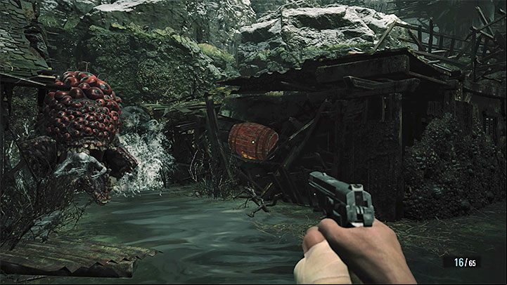 If you don't have any mines in your inventory (and you can't craft any more), you can aim for the red barrels - Resident Evil Village: Moreau - boss, how to defeat? - Bosses - Resident Evil Village Guide