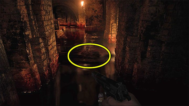 While exploring the partially flooded basement and Distillery, watch out for monsters hiding in the water - Resident Evil Village: Castles Courtyard - walkthrough - Dimitrescu Castle - Resident Evil Village Guide
