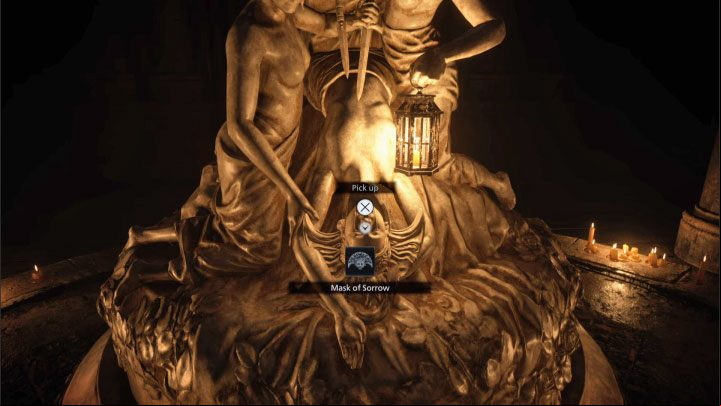 You will reach the altar shown in the picture in the Hall of Sorrow with the Mask of Sorrow - Resident Evil Village: Castles Courtyard - walkthrough - Dimitrescu Castle - Resident Evil Village Guide