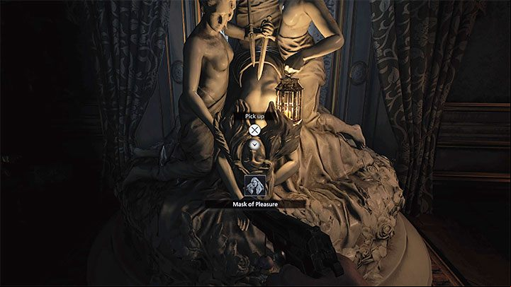 In the Hall of Pleasure, you will find the altar with the Mask of Pleasure - Resident Evil Village: Castles Courtyard - walkthrough - Dimitrescu Castle - Resident Evil Village Guide