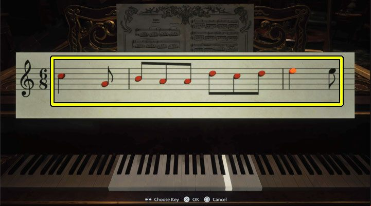 Observe the dots that appear on the notes, which are a huge help as far as the correctness of the key selection is concerned - Resident Evil Village: Castles Courtyard - walkthrough - Dimitrescu Castle - Resident Evil Village Guide